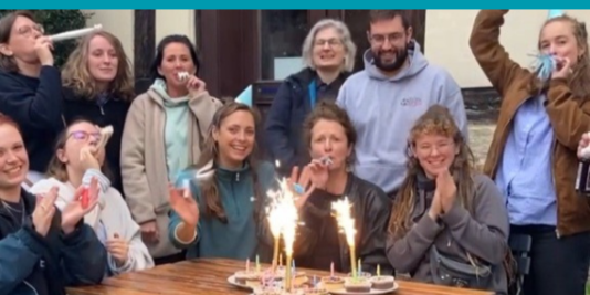 Eine Gruppe Menschen sitzt am Tisch, es gibt Kuchen mit Wunderkerzen darauf, manche haben Partyhüte auf und Tröten im Mund. 