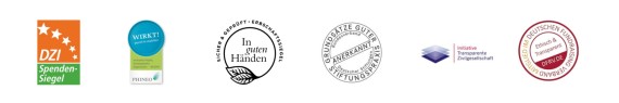 Siegelleiste mit: DZI-Spendensiegel, Phineo-Wirkt-Siegel, Erbschaftssiegel, Siegel Bundesverband Deutscher Stiftungen, Siegel Initiative Transparente Zivilgesellschaft, Siegel Mitglied im Deutschen Fundraising Verband