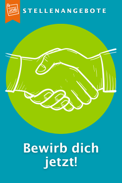 Ein Händedruck auf grünem Hintergrund. Dazu der Text: Stellenangebote. Bewirb dich jetzt!