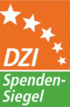 Das DZI Spendensiegel in orange und grün mit weißen Sternen, Text: DZI Spendensiegel